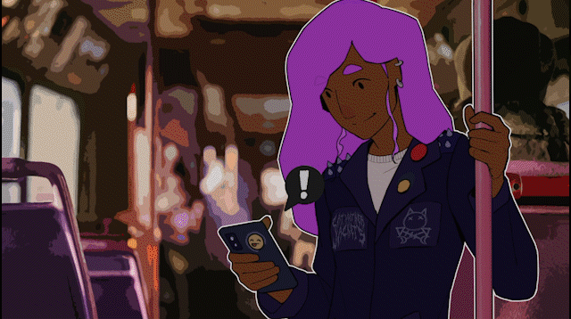 Imagem animada de Priya em um ônibus, segurando o celular. No lado esquerdo da imagem, balões de mensagem vão aparecendo, mostrando uma troca de mensagens entre Priya e Ian.