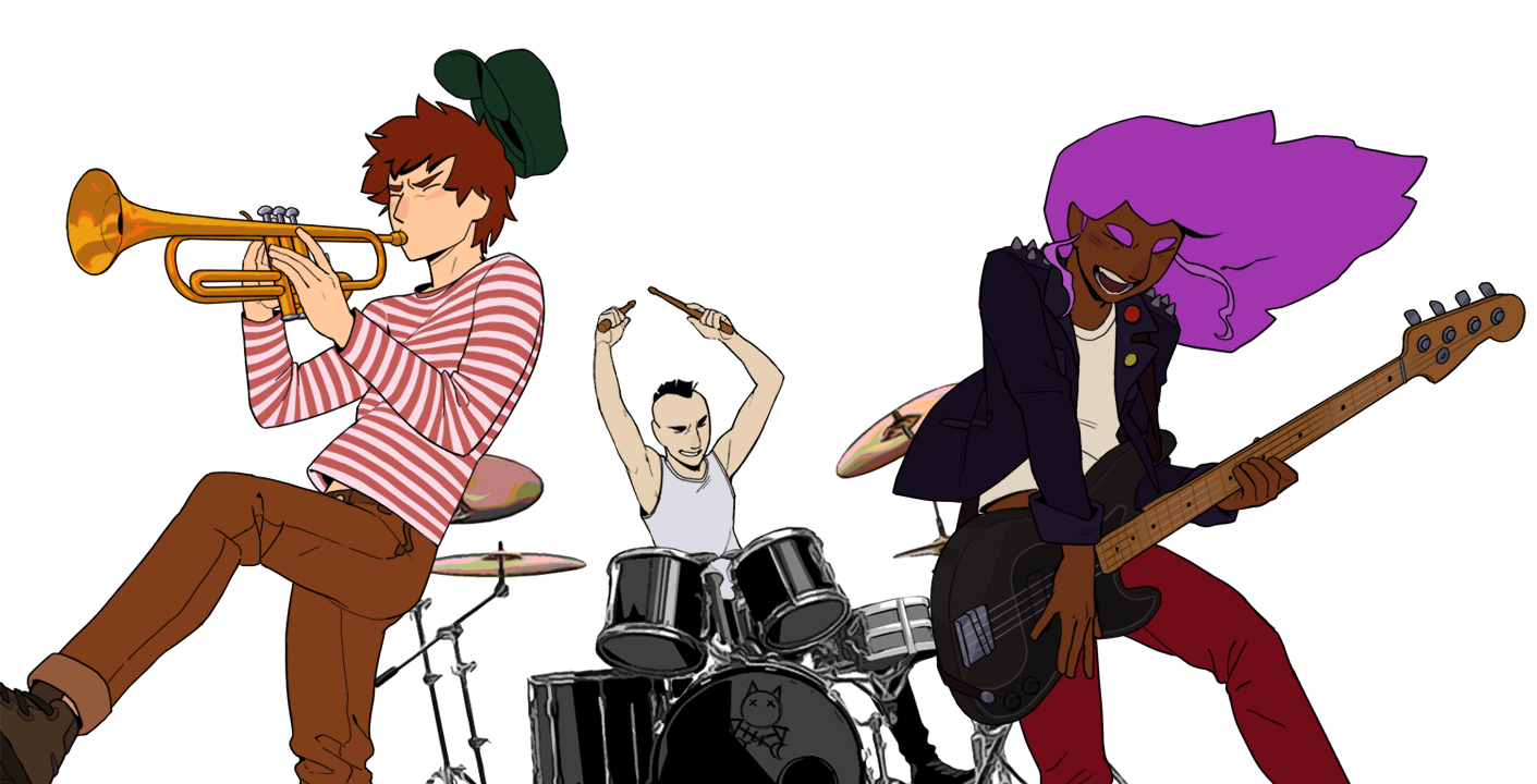 Ilustração de Dave com um trompete, Ian na bateria e Priya com uma guitarra.